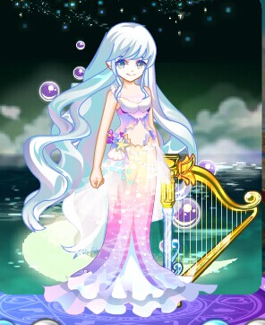 夜晚海滩边弹奏竖琴的美人鱼